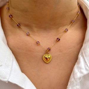 Stainless Steel Heart Pendant Necklace For Women Gold Plated Purple Crystal Beads Choker Necklace Fashion Sweet Jewelry