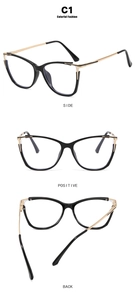 Detailed views of black cat-eye glasses frame with gold metal temples from three angles