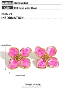 Detail of 316L stainless steel flower earrings showing 20mm size and pink enamel petals