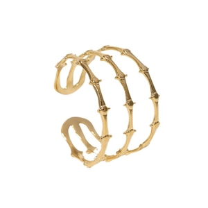 Minimalist gold stainless steel open bangle featuring a multi-layer bamboo texture design
