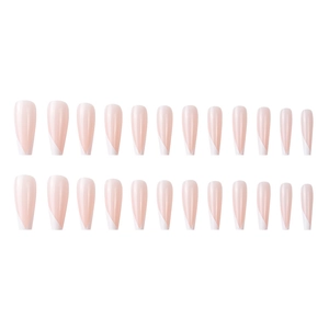 Long ballet press-on nails set with nude pink base and white V-shaped French tips