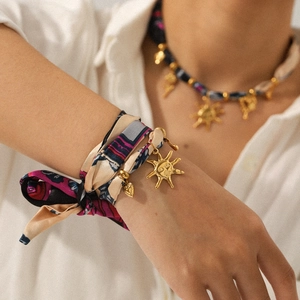 Bohemian printed silk scarf bracelet and necklace set with golden sun and heart pendants