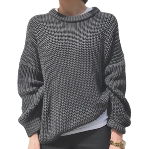 Oversized grey chunky knit sweater for women with drop shoulders and round neck design