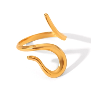 Detail of 18K gold plated stainless steel open ring with sleek wavy matte finish