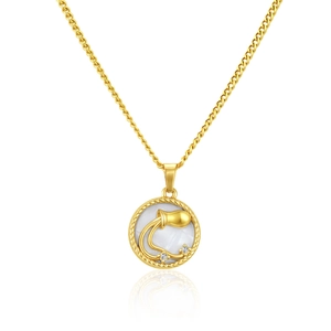 Detail of gold Aquarius pendant with twisted rope edge and shimmering inlay