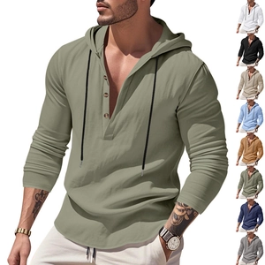 Men's Casual Linen Blend Hooded Henley Shirt Long Sleeve Loose Fit Solid Color Breathable Pullover Top Beach Fashion T-Shirt