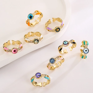 18K gold plated evil eye open rings with colorful enamel and zircon accents