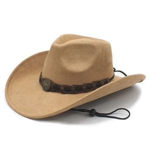 Classic khaki wool cowboy hat with vintage star emblem and adjustable wind string
