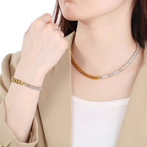Chic gold-plated Cuban chain and diamond tennis necklace bracelet set for women