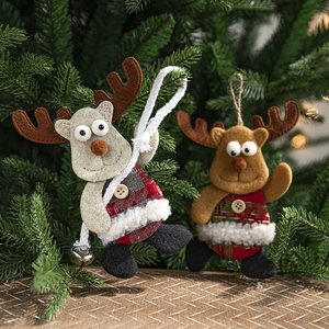 Charming felt reindeer Christmas tree ornaments with red plaid fabric and bells