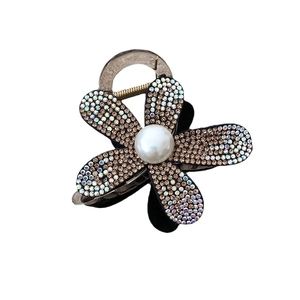 French style sunflower hair claw clip with black base, champagne rhinestones and pearl
