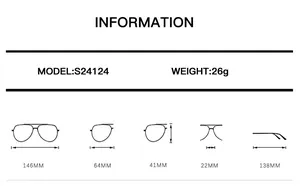 Detailed dimension guide for vintage oval sunglasses model S24124 with frame measurements