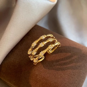 Bague Multi Couches Nœud De Bambou Cuivre Zircone Ouverte Ajustable Bijoux Retro Vintage Français Pour Femmes