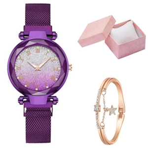 Women's quartz watch gift set featuring a purple glitter dial and star charm bracelet