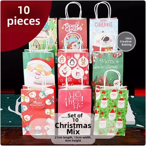 Close-up of 10-piece Christmas gift bags with colorful festive prints and rope handles
