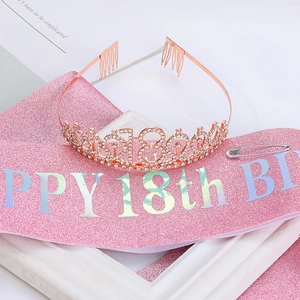Rose gold 18th birthday set with rhinestone tiara and pink glitter Happy Birthday sash