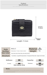 Detail view of small quilted PU leather wallet with dimensions and internal storage layout