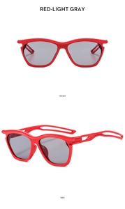 Macro view of red square kids' sunglasses showing front and side hollow temple detail