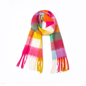 Vibrant multi-color plaid scarf with long fringe tassels featuring pink and yellow checks