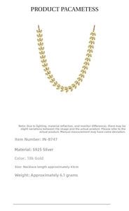 Macro view of gold-plated S925 silver leaf necklace with detailed specifications