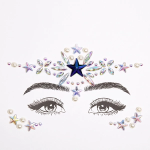 Detailed crown-shaped face and body jewels featuring iridescent gems and blue star