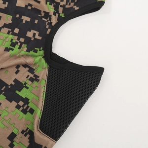 Detail of digital camouflage face mask featuring breathable honeycomb mesh and reinforced seams