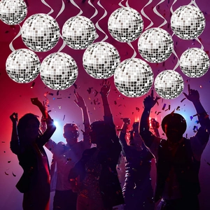 Disco ball party decorations set with silver hanging swirls and reflective mirror spheres