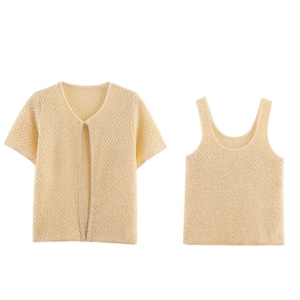 Women's cream yellow crochet knit two-piece set featuring short sleeve cardigan and camisole