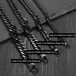 Men's black titanium steel Cuban link bracelets in various widths from 6mm to 12mm