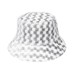 Plush checkered bucket hat for winter featuring a grey and white plaid fuzzy texture