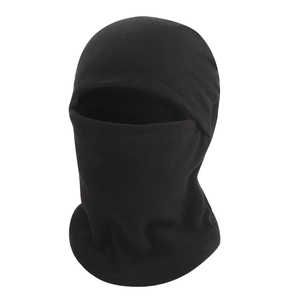 Detail of black thermal balaclava mask showing soft fleece texture and seamless windproof design