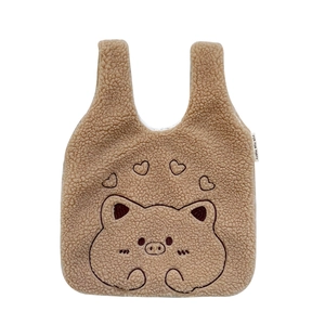 Brown plush cartoon pig handbag with cute embroidery and soft lamb wool texture