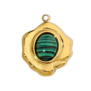 Detailed close-up of a gold-plated stainless steel pendant with green malachite stone