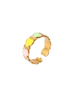 Detail of gold-plated open ring featuring multi-colored enamel hearts in pastel shades