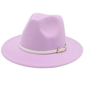 Detail of lavender fedora hat showing white leather belt with rose gold metal buckle