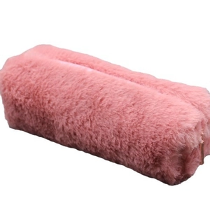 Cute pink plush octagonal pencil case for students with soft faux fur and zip closure