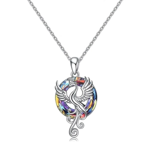 Silver phoenix pendant necklace with colorful crystal inlay on a clean white background