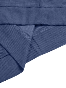 Close-up of blue corduroy fabric texture and high-quality internal stitching detail