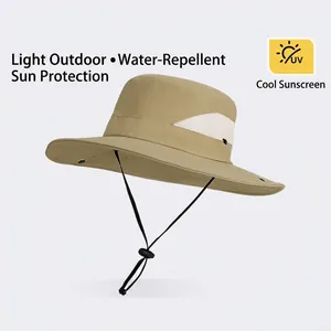 Breathable khaki outdoor sun hat with wide brim, mesh panels and adjustable chin strap