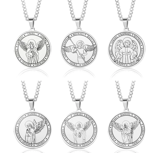 Titanium steel Seven Archangels medals necklaces set with religious wings engraving