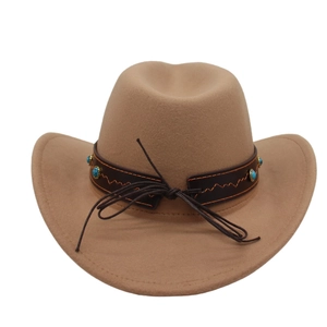 Detail of camel felt cowboy hat featuring leather band with turquoise studs and stitching