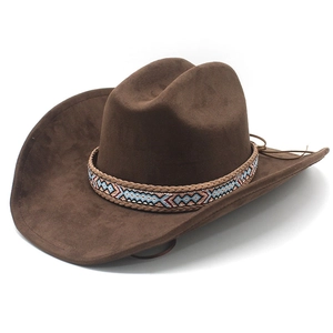 Dark brown faux suede western cowboy hat featuring ethnic geometric woven band decoration