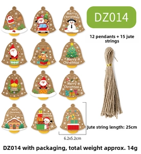 Set of 12 Christmas bell-shaped kraft paper tags with Santa motifs and jute twine