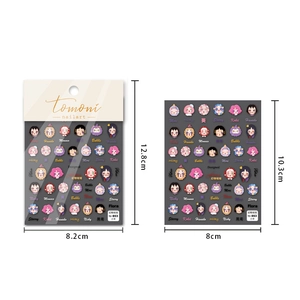 Detail view of cartoon girl nail stickers with dimensions 8x10.3cm and branding