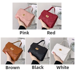 Collage of quilted geometric handbag in five colors with golden twist lock closure