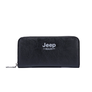 Detailed view of long black leather wallet with zip closure and pebble grain texture