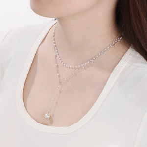 Double-layered pearl tassel Y-necklace for women in elegant silver and white