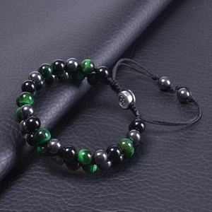 Double-layer green tiger eye and obsidian beaded bracelet with adjustable cord