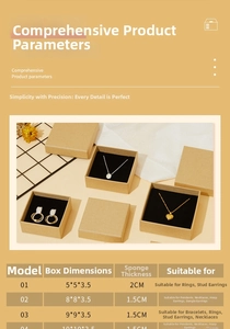 Detailed size chart for jewelry boxes showing dimensions and sponge thickness for rings