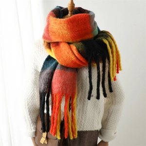 Thick winter striped plaid scarf with fringe, soft cashmere-like warm wrap in colorful checks